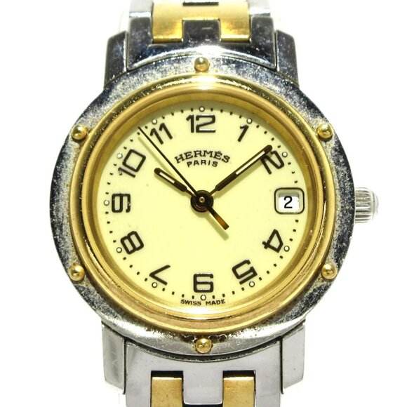 Auth HERMES Clipper CL4.220 1****** Silver Gold Women's Wrist Watch - Picture 1 of 12